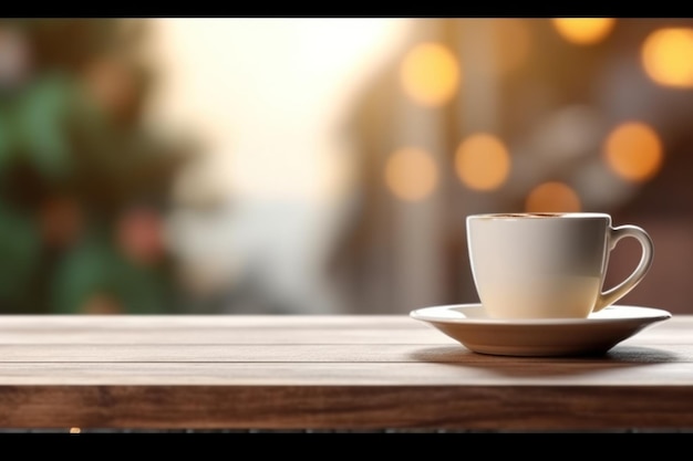 Tasse schwarzer Kaffee auf einem Holzbrett im Café Verschwommene goldene Girlande im Nachtleben der Stadt Generierte KI