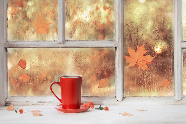 Tasse Tee auf weißer hölzerner Fensterbank im Herbst