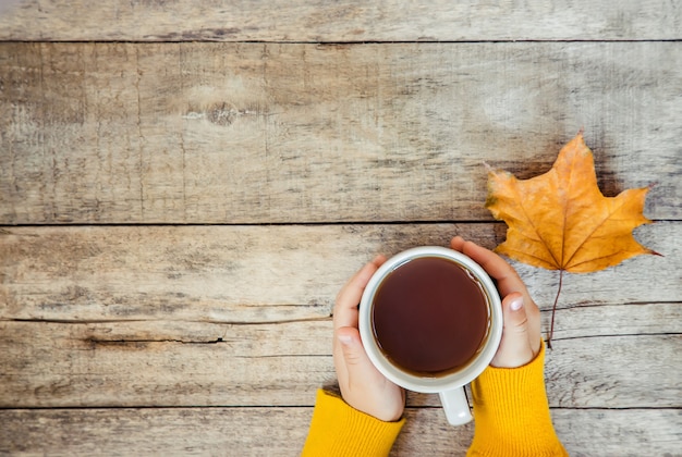Tasse Tee in den Händen eines Kindes und ein gemütlicher Herbsthintergrund. Selektiver Fokus
