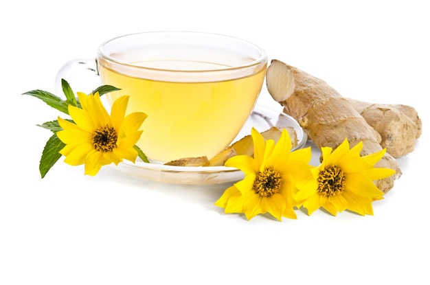 Tasse Tee mit Ingwerscheiben und Echinacea-Blume in der Nähe isoliert auf weißem Hintergrund