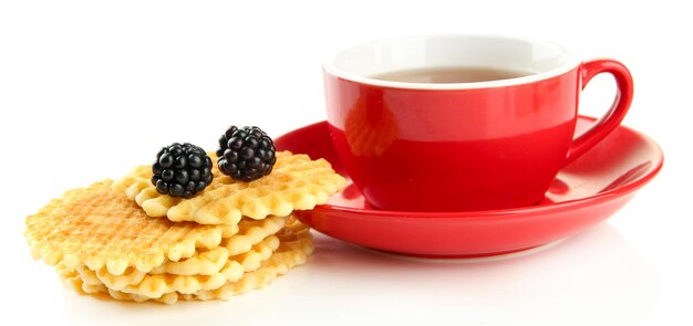 Tasse Tee mit Kekse und Schwarzbeeren, isoliert auf Weiß