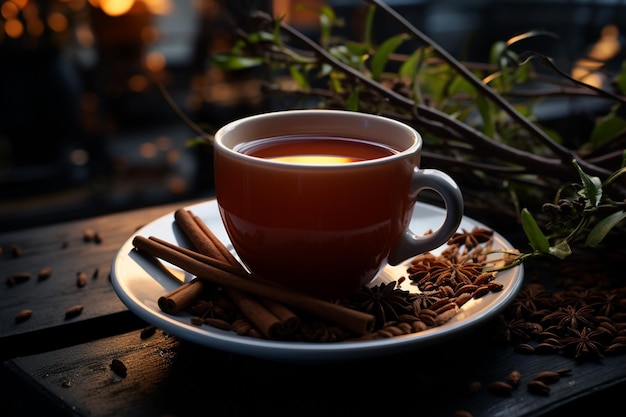 Tasse Tee mit Zimt und Anis auf einem Holztisch