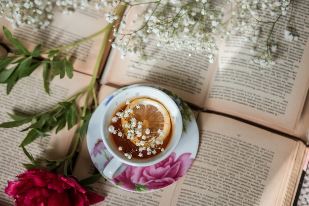 Tasse Tee mit Zitrone und geöffnetes Buch auf dem Tisch im Zimmer