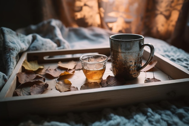 Tasse Tee oder Kaffee mit bunten Laubblättern auf rustikalem Holztablett über Bettwäsche