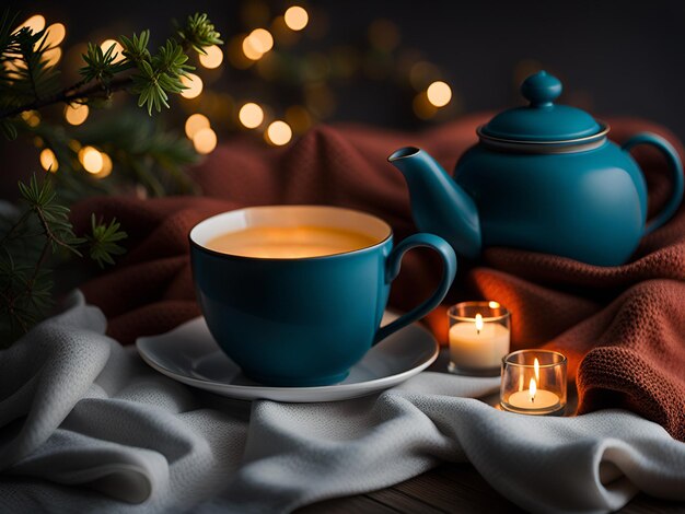 Tasse Tee, Teekanne und Kerzen. Gemütliche Weihnachtslandschaft