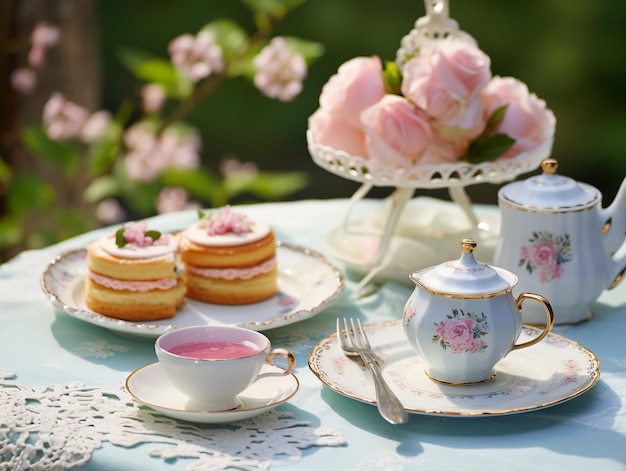 Tasse Tee und Cupcakes auf einem Tisch im Garten