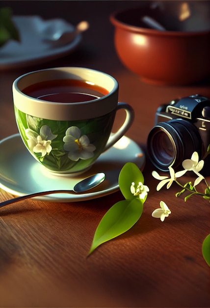 Tasse Tee und eine Kamera auf einem Tisch, generative KI