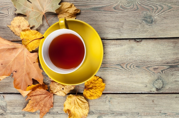 Tasse Tee und Herbstlaub auf dem Tisch