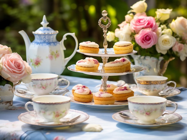 Tasse Tee und Tasse Kuchen auf einem Tisch im Garten. Tasse Kuchen auf einem Tisch im Garten