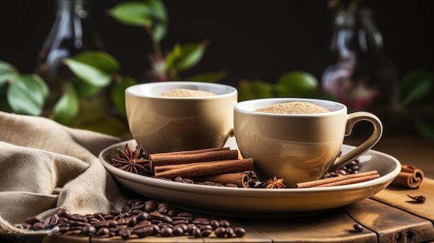 Tassen mit Kaffee mit Zimt und Anis daneben