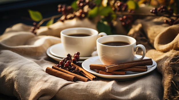 Tassen mit Kaffee mit Zimt und Anis daneben