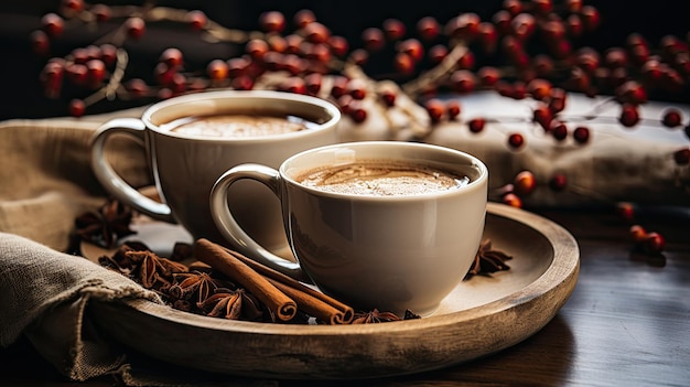 Tassen mit Kaffee mit Zimt und Anis daneben