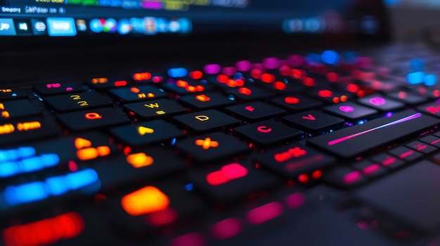 Tastatur eines modernen Computers mit bunten Lichtern 3D-Rendering