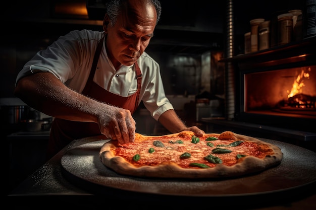 Taste of Italy Um chef pizzaiolo de Nápoles apresentando uma deliciosa pizza bem quente Copy Space