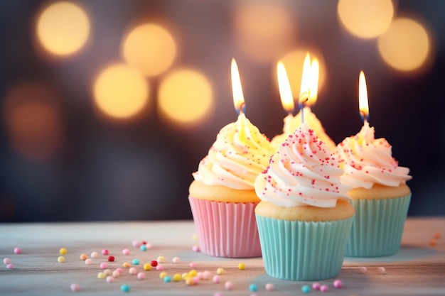 Tasty cupcakes de aniversário com velas em pé contra luzes borradas close-up