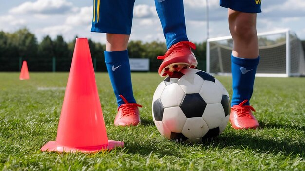 Foto táticas de bola de futebol em campo de grama com cone para treinamento de fundo treinamento de crianças em ac futebol