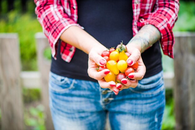 Tatooed Millennials Mädchen mit Tomaten im Garten