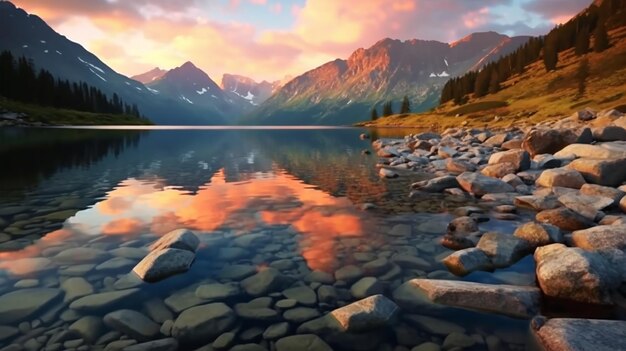 Tatra-Nationalpark ein See in den Bergen bei Sonnenaufgang Polen