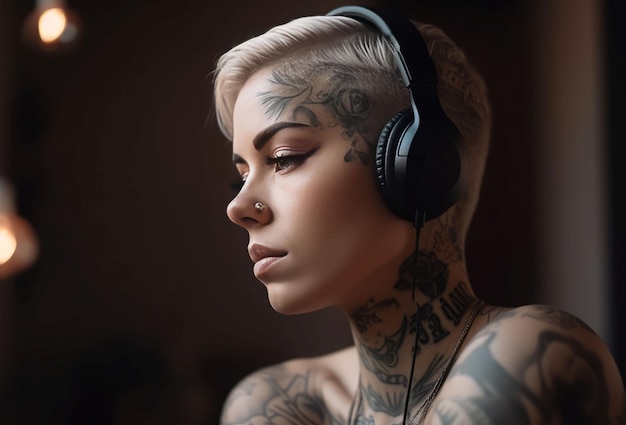 Tattoo Frau Porträt Kopfhörer Musik Gesicht Generieren Ai