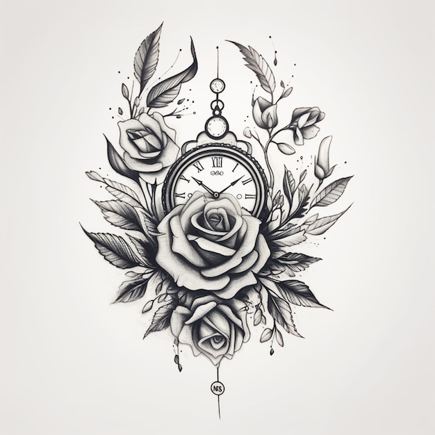 Foto tattoo-kunst einer rose und eine taschenuhr mit blättern generative ai