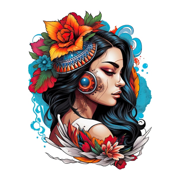 Tattoo-Stil-Porträt einer mexikanischen Chicano-Mädchenfrau mit isolierter Blumenkunst