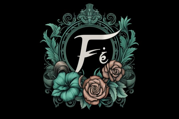 Foto tattoostyle-logo mit dem buchstaben f, rosen, filigran, teal und silber