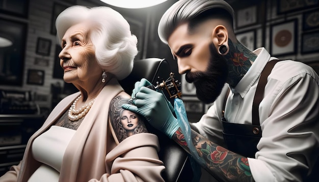 Tatuador tatuando mulher idosa no conceito de artista de estúdio de tatuagem