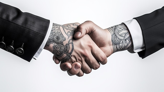 Tatuagem aperto de mão dois empresários significa acordo bem sucedido fundo branco IA generativa