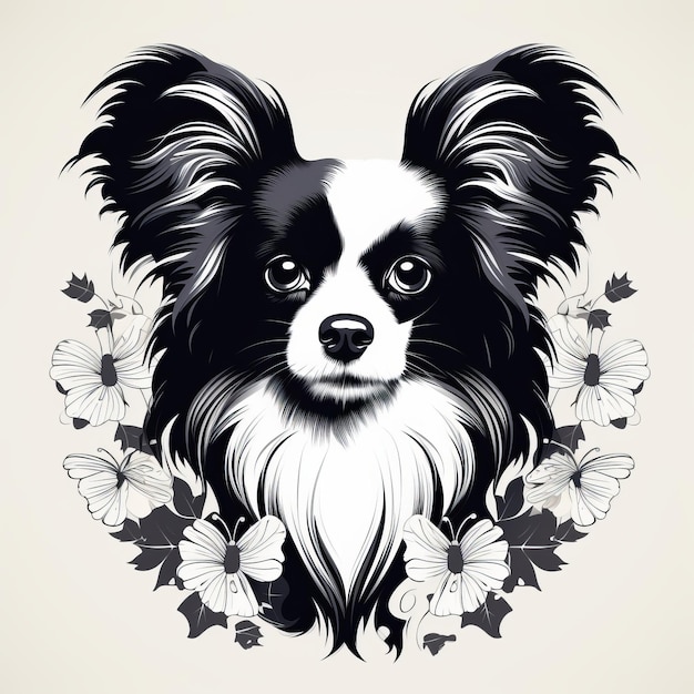 Foto tatuagem de cão papillon preto e branco com elementos florais