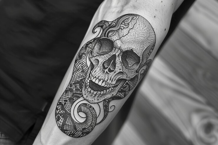 Foto tatuagem de crânio e cobra intricadamente desenhada envolvendo um antebraço com padrões ousados em arte digital monocromática