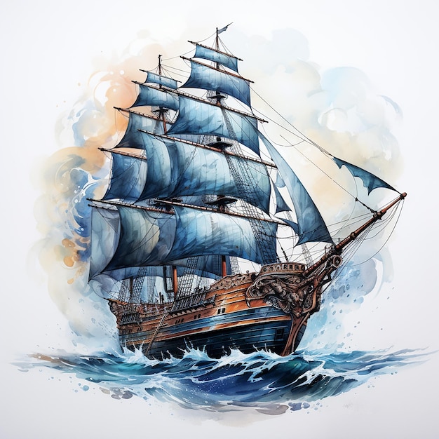 Tatuagem de sonhos náuticos de navio pirata a aquarela em branco plano