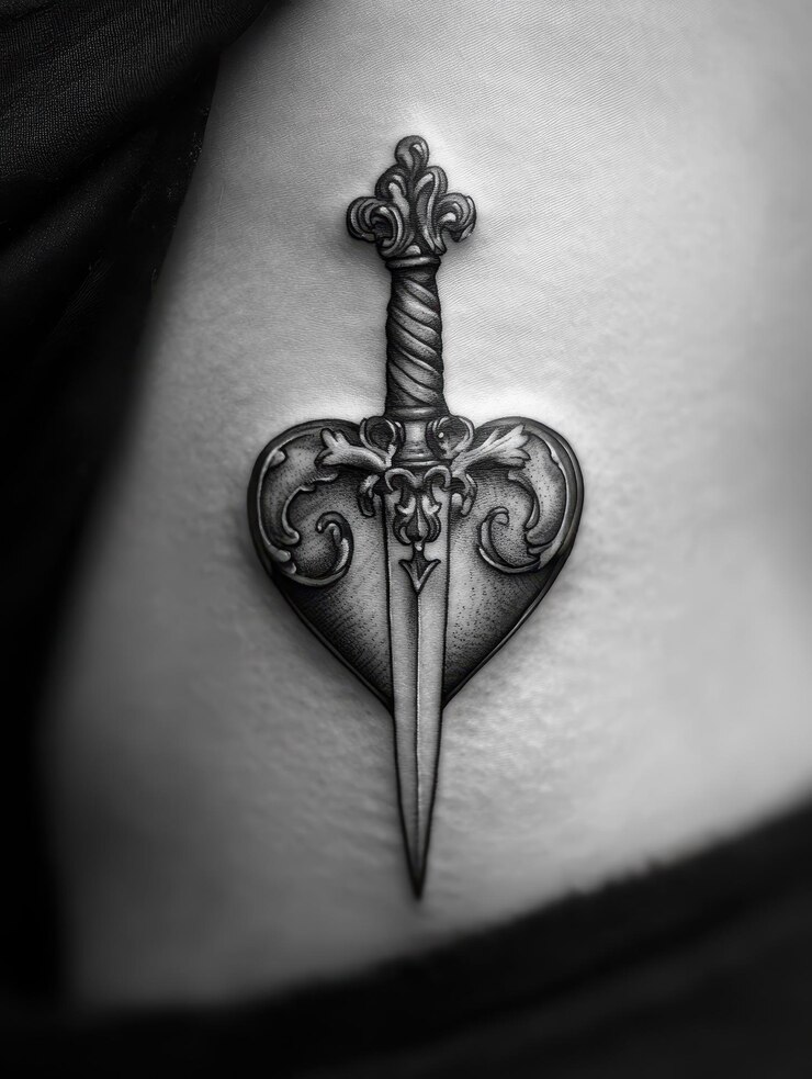 Foto tatuagem de um punhal atravessando um coração