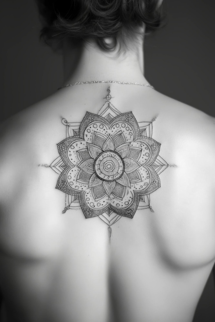 Foto tatuagem geométrica de formas interconectadas formando uma mandala detalhes intrincados centrados na parte de trás tinta preta e cinza