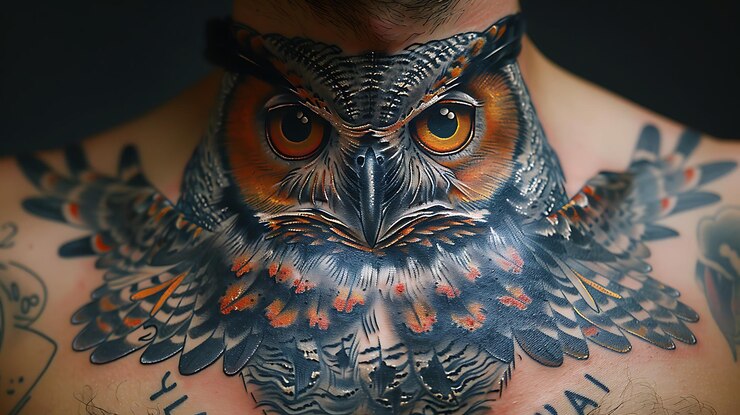 Foto tatuagem neo-tradicional de coruja no peito de um homem desenho detalhado de cores vibrantes tatuador de tinta detalhado
