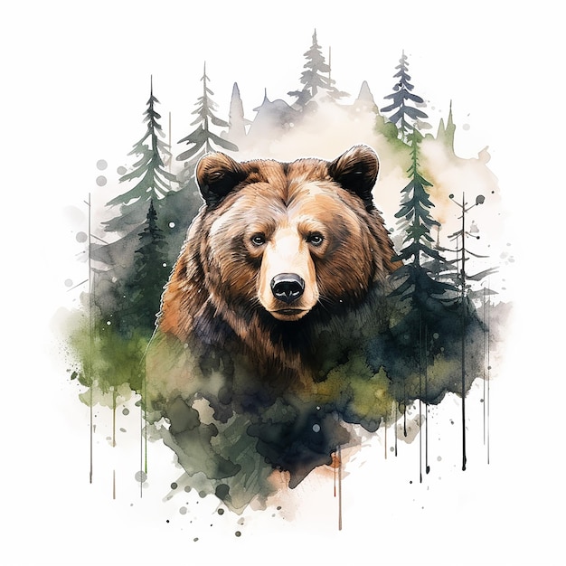 Tatuagem selvagem maravilhosa de urso e floresta a aquarela em superfície plana