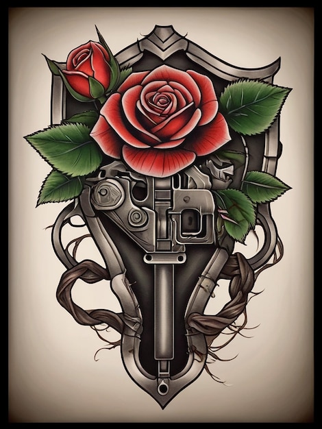 Foto tatuagens de armas e espadas com rosas enroladas em torno das raízes
