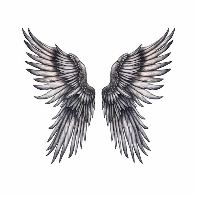 Un tatuaje de alas de ángel en blanco y negro con una pluma negra en el ala izquierda.