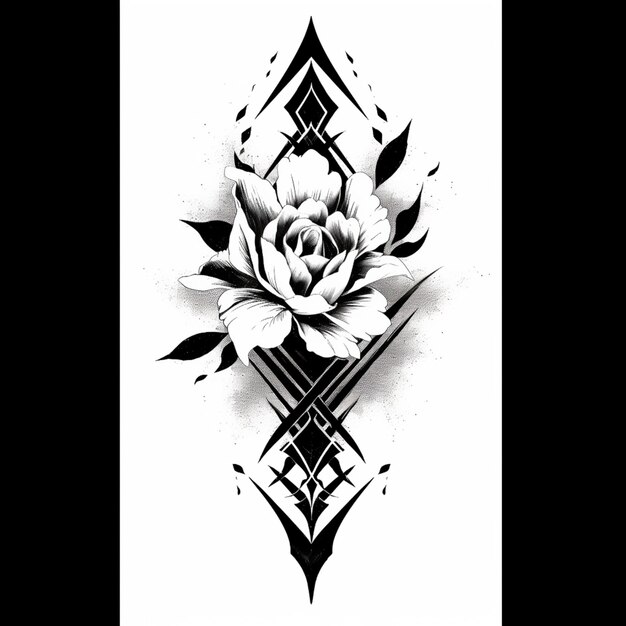 un tatuaje en blanco y negro de una rosa con un diamante generativo ai