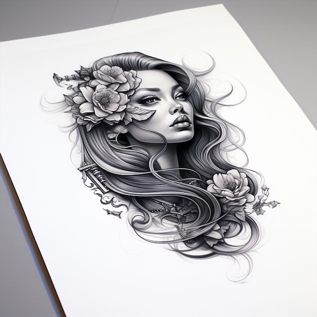 Tatuaje boceto mujer flores espada