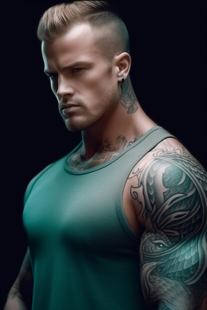 El tatuaje en el brazo del hombre es un tatuaje de un hombre con una camiseta sin mangas verde.