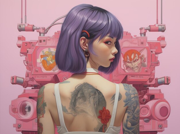 El tatuaje de una chica japonesa reinventa las culturas asiáticas en el estilo del synthpunk