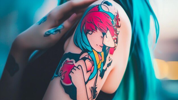 Tatuaje colorido en la espalda y el brazo de una mujer