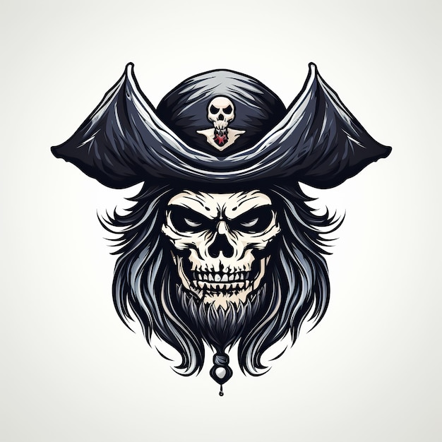 Tatuaje del emblema del logotipo con el cráneo de un pirata muerto con un sombrero sobre un fondo blanco aislado