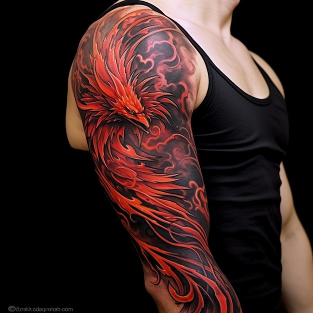 Un tatuaje de un fénix rojo en el brazo de un hombre.