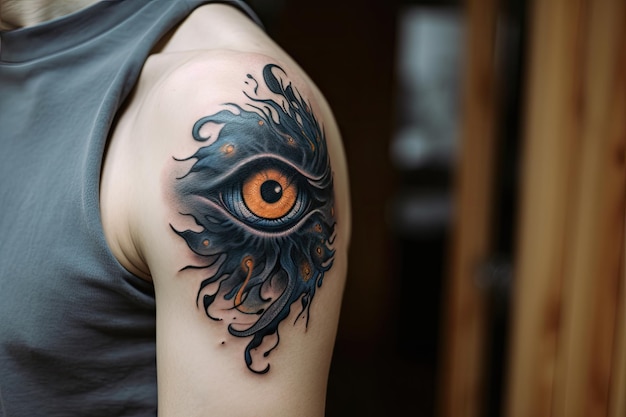 Tatuaje de mal de ojo en bíceps con llamas y calaveras de fondo