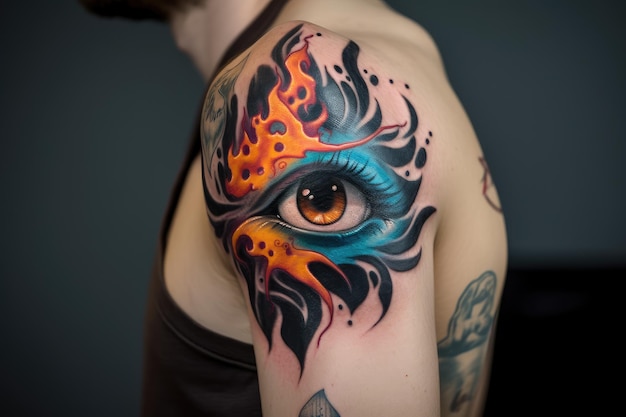 Tatuaje de mal de ojo en bíceps con llamas y calaveras de fondo