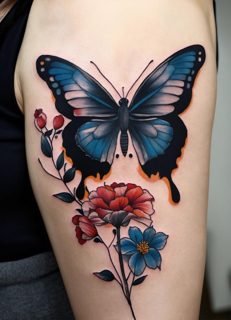 un tatuaje de una mariposa y flores con las palabras mariposa