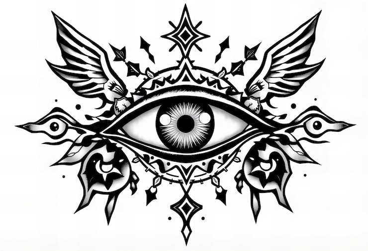Tatuaje de ojo en negrita con elementos cósmicos en fondo blanco