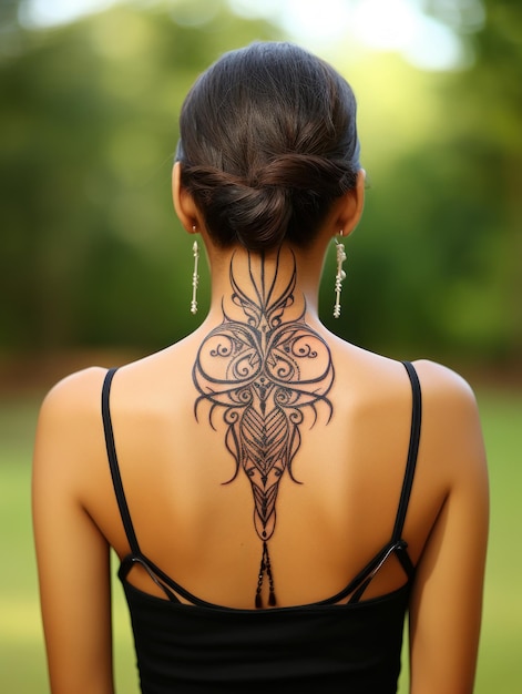 Foto tatuaje tribal de fantasía de tamaño pequeño en la parte superior de la espalda con un diseño simple