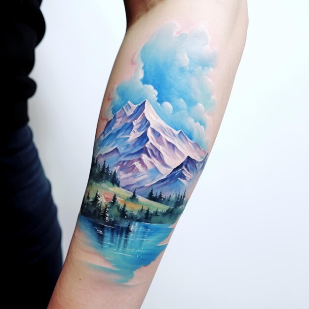 Foto tatuajes hiperrealistas de acuarela de montañas y lagos